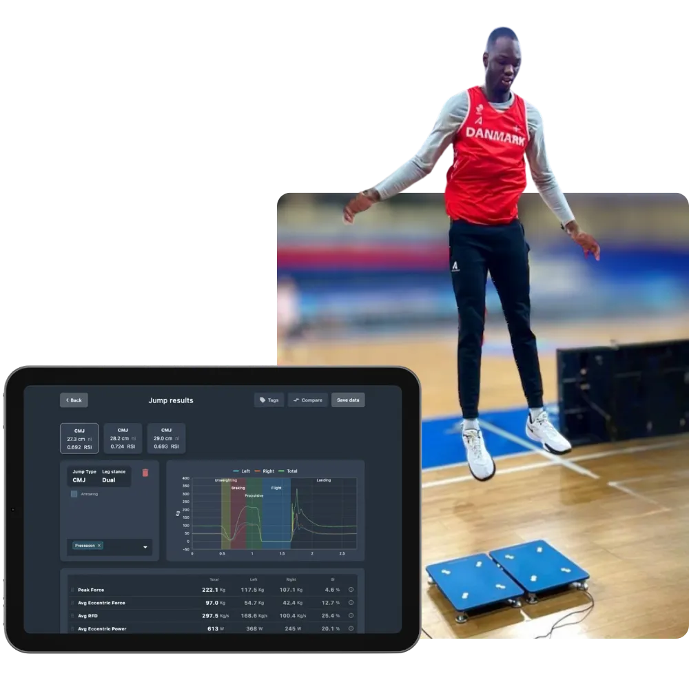 Athlete mid-jump on PlateMate plates beside the ForceMate jump-results screen