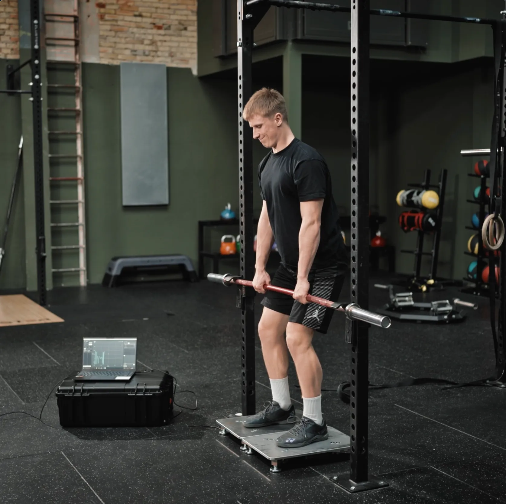 An athlete performing an isometric mid-thigh pull against a fixed bar in a squat rack while standing on a PlateMate